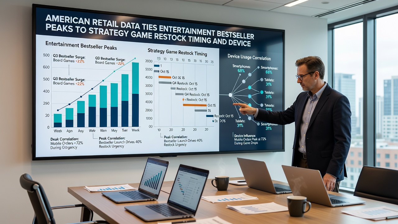 Data charts and inventory reports displayed on screens in an American retail analytics office