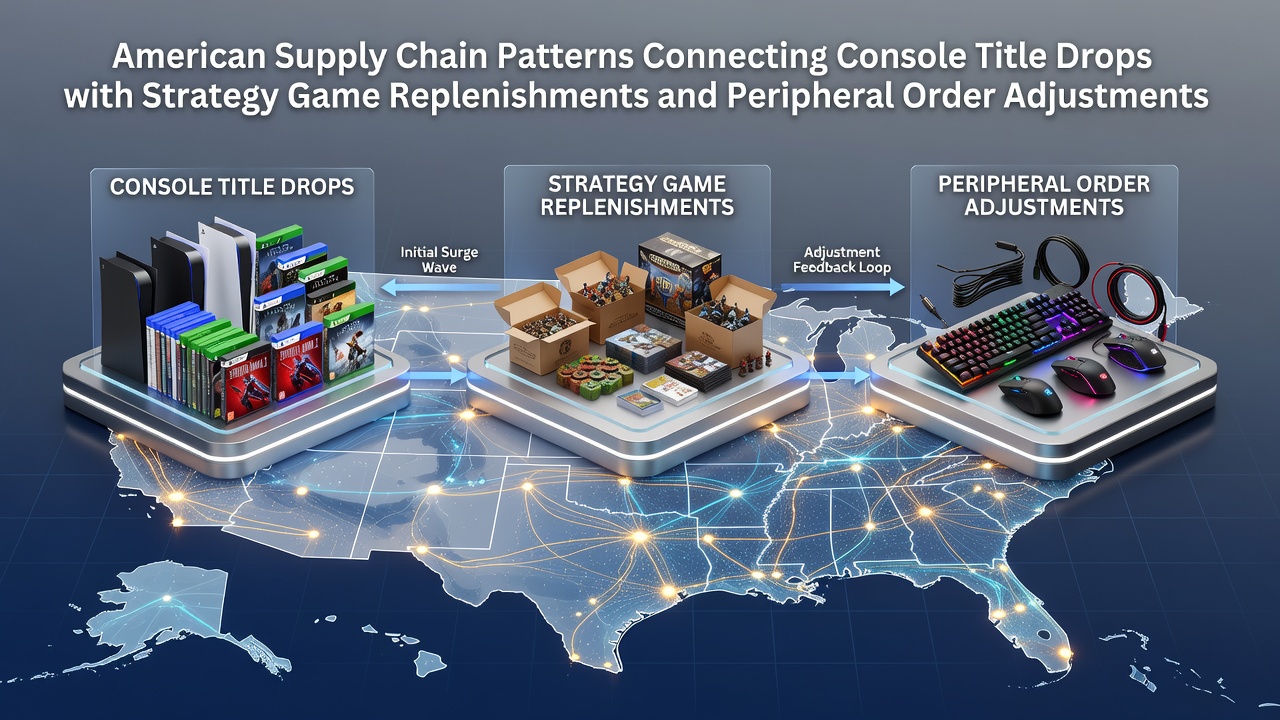 American warehouse operations showing coordinated shipments of console games, strategy board games, and gaming peripherals arriving together