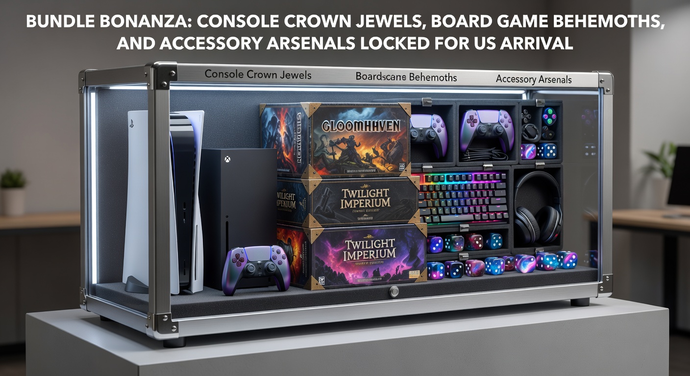 Vibrant display of stacked gaming bundles featuring console editions, oversized board game boxes, and accessory kits ready for shipment to US warehouses
