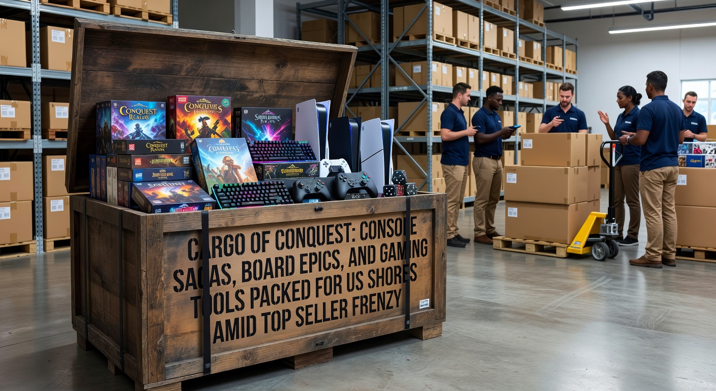 Massive cargo ships docked at a bustling US port, containers stacked high with gaming crates labeled for consoles, board games, and accessories amid cranes and workers in motion