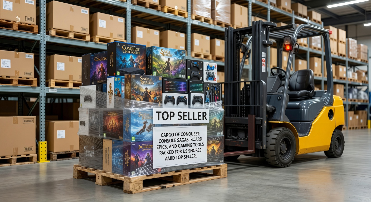 Close-up of wooden crates stamped with board game titles, forklift unloading epic-sized boxes featuring dragons, maps, and strategy components at a US warehouse