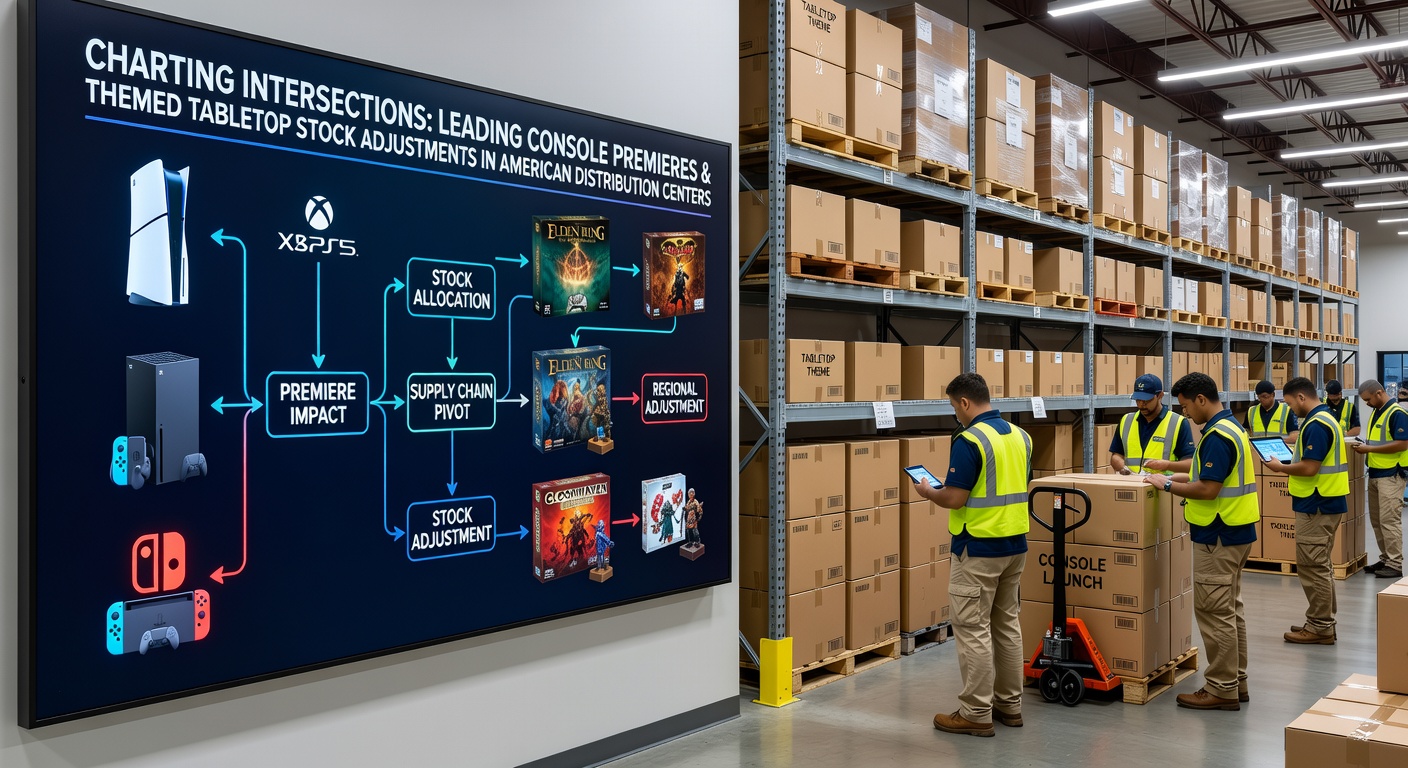 Distribution center workers handling console and tabletop game shipments in a large American warehouse facility