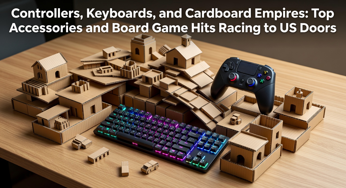 Vibrant display of gaming controllers, mechanical keyboards, and stacks of colorful board game boxes lined up for US import shipments