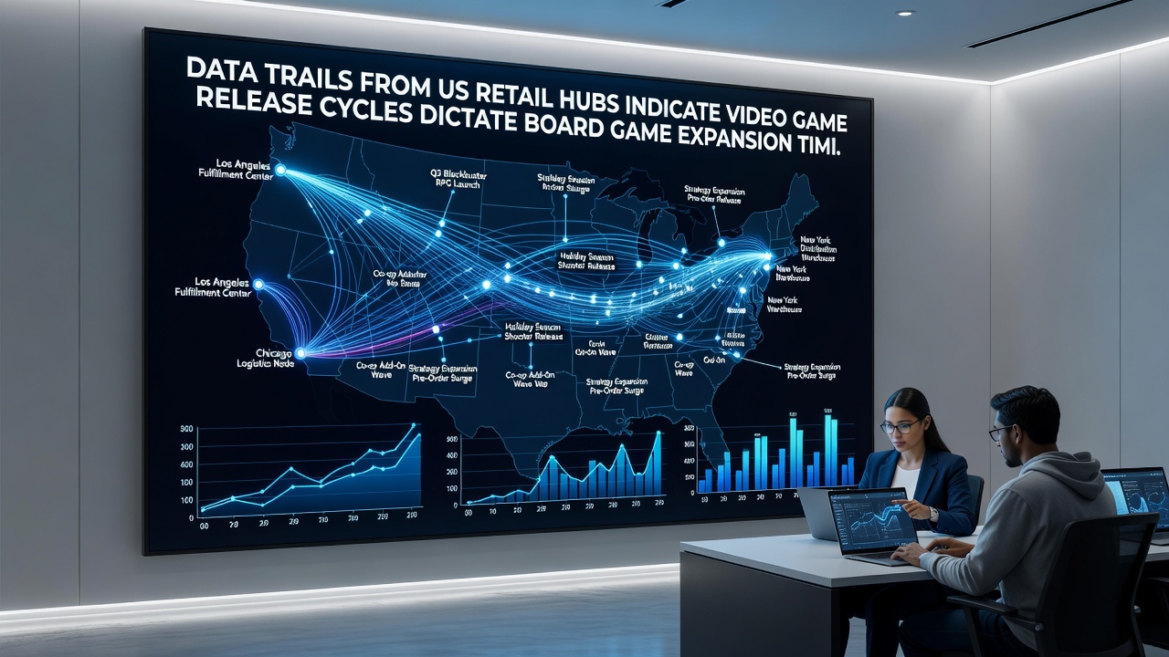 Data dashboards and inventory charts showing correlations between video game releases and board game restocks