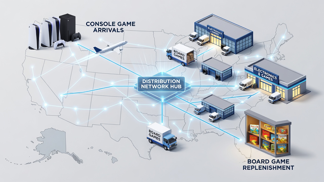 US distribution centers coordinating board game replenishment with console arrivals and accessory shipments