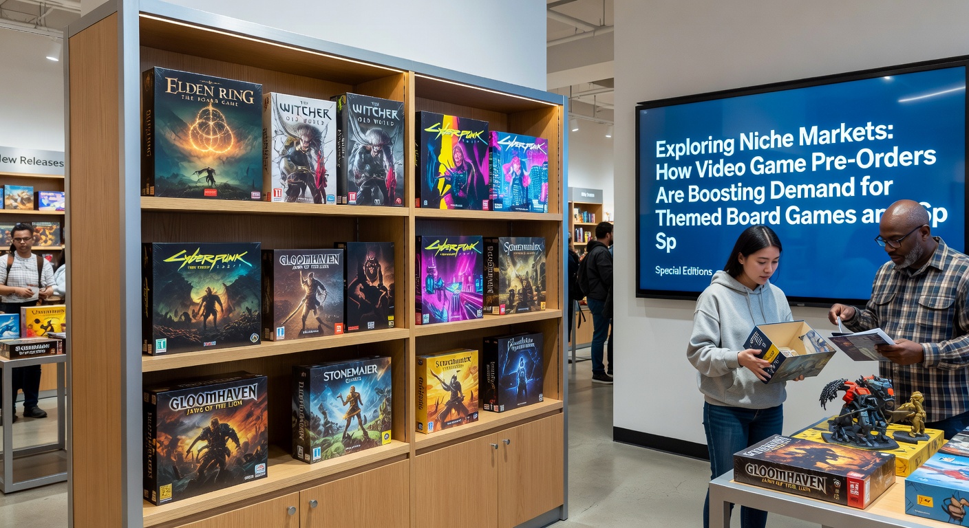 Close-up of specialized gaming accessories including themed card sleeves and storage cases arranged next to board game boxes in a store setting