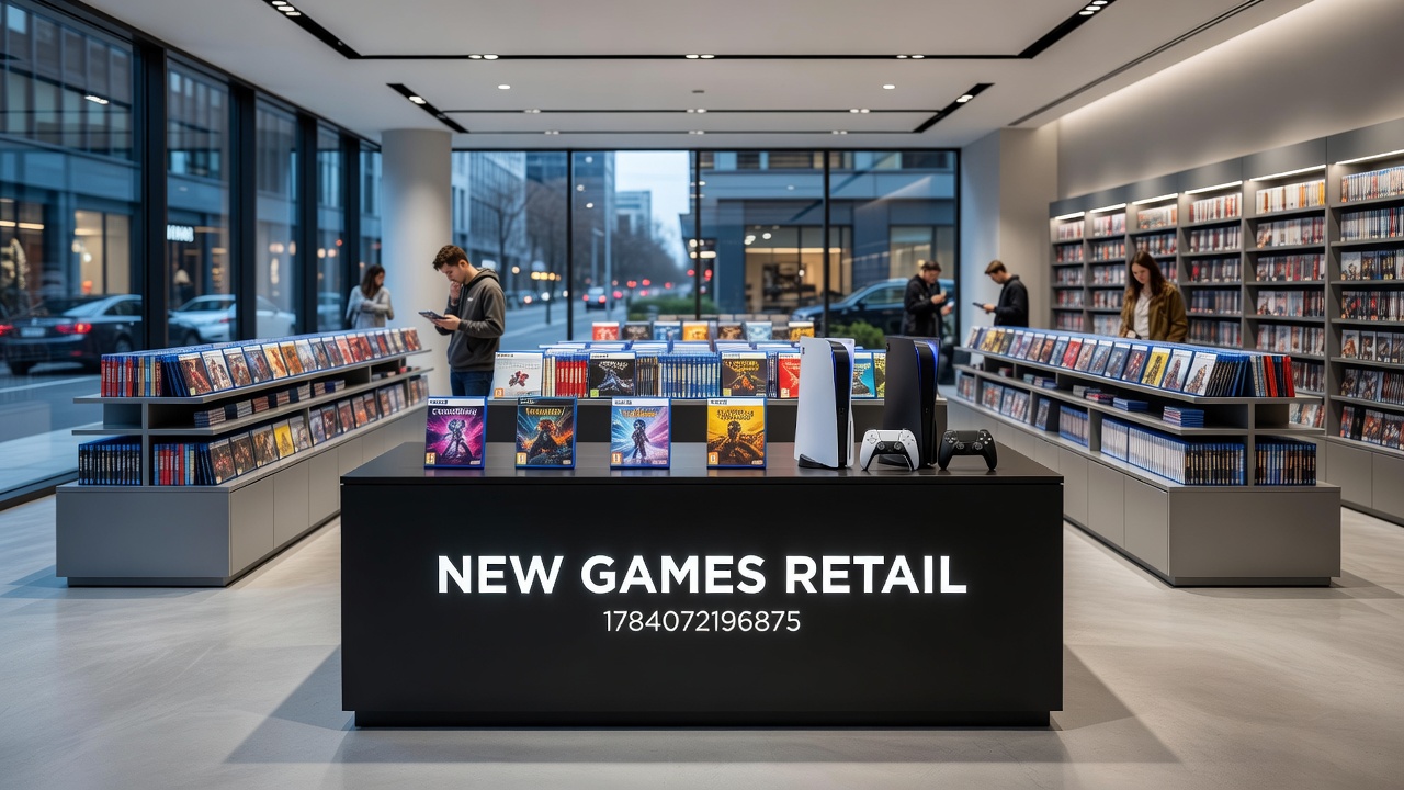 Retail warehouse shelves stocked with new game releases and accessories ready for distribution
