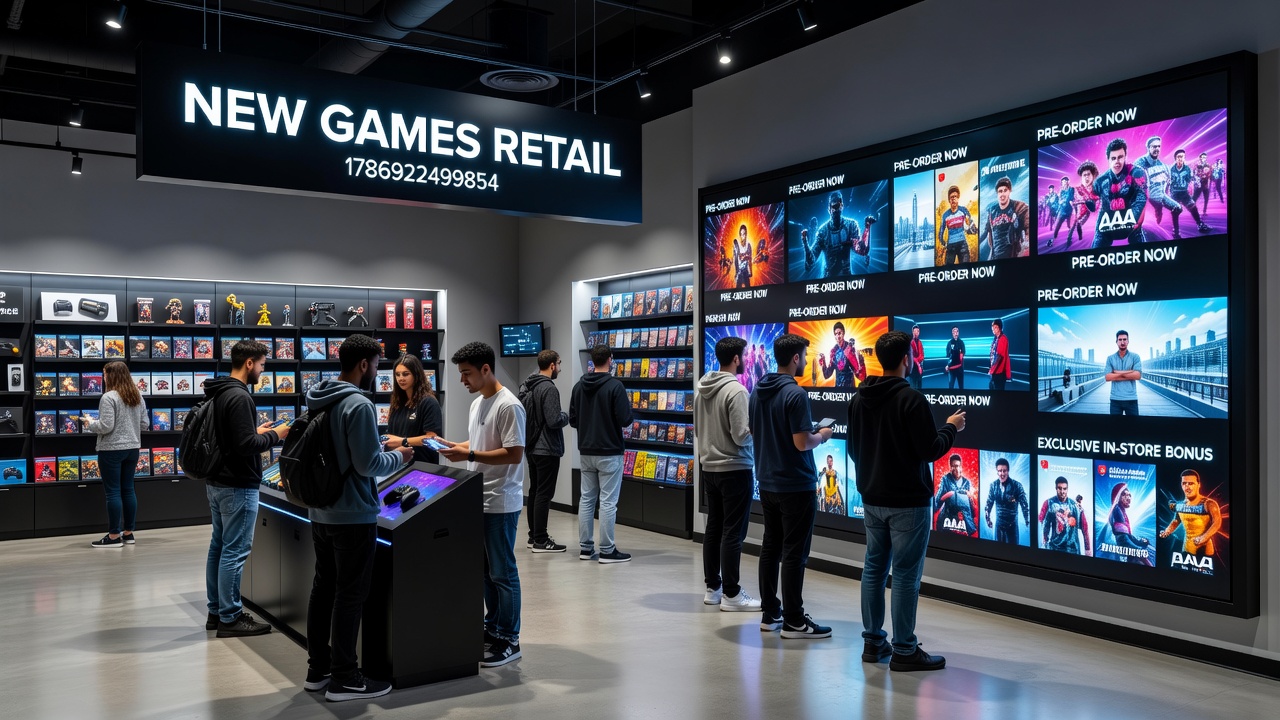 August 2026 retail floor display featuring aligned console, board game, and accessory inventory ready for customer pickup
