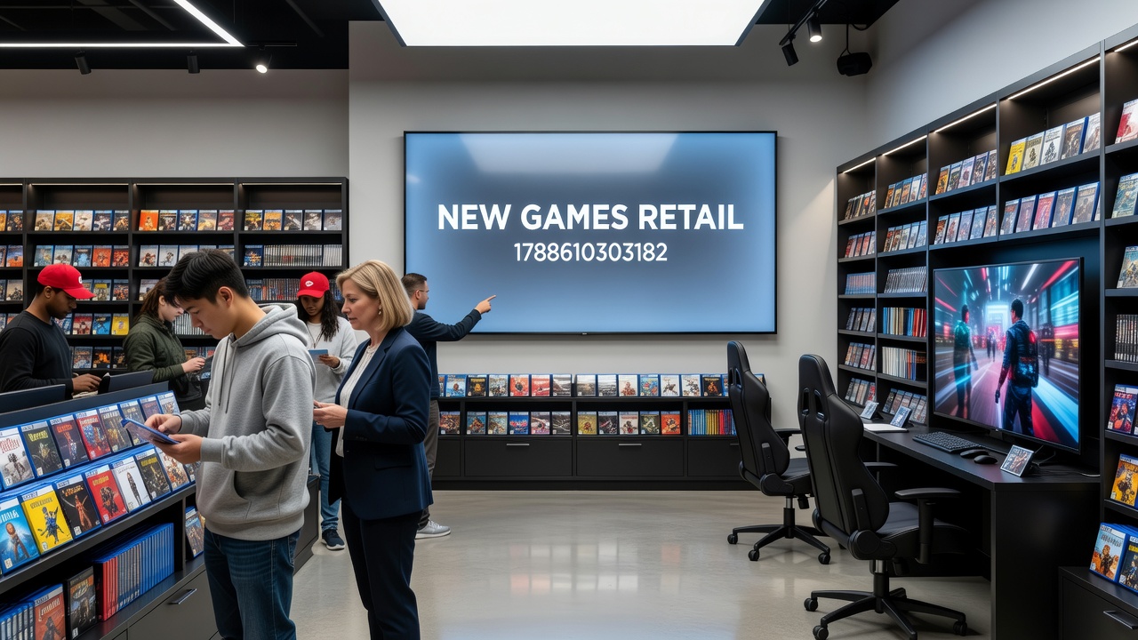 Warehouse interior showing organized gaming inventory with labeled sections for different product types