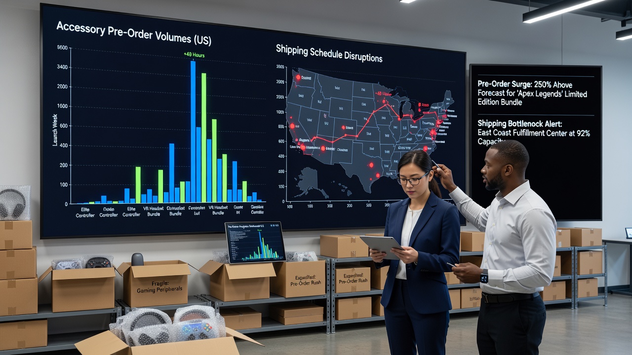 Warehouse staff processing pre-order shipments for gaming accessories ahead of major video game releases in US distribution centers