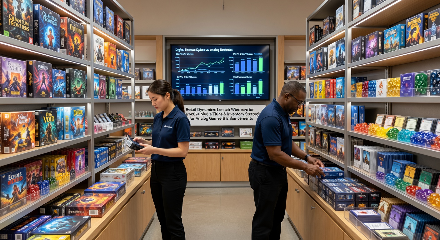 Retail store shelves stocked with analog board games and gaming accessories near a display of new interactive media titles