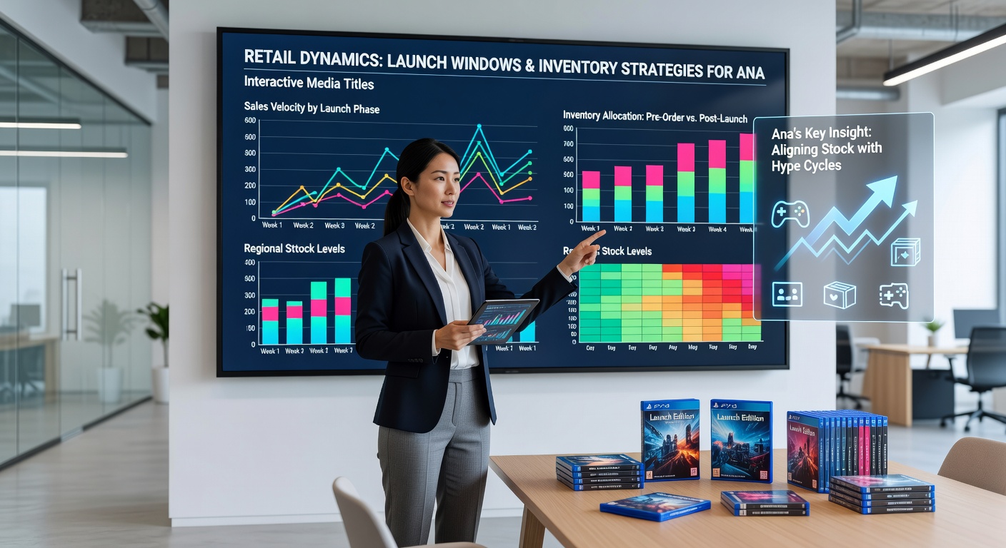 Warehouse workers organizing board game boxes and accessory bundles alongside video game launch displays