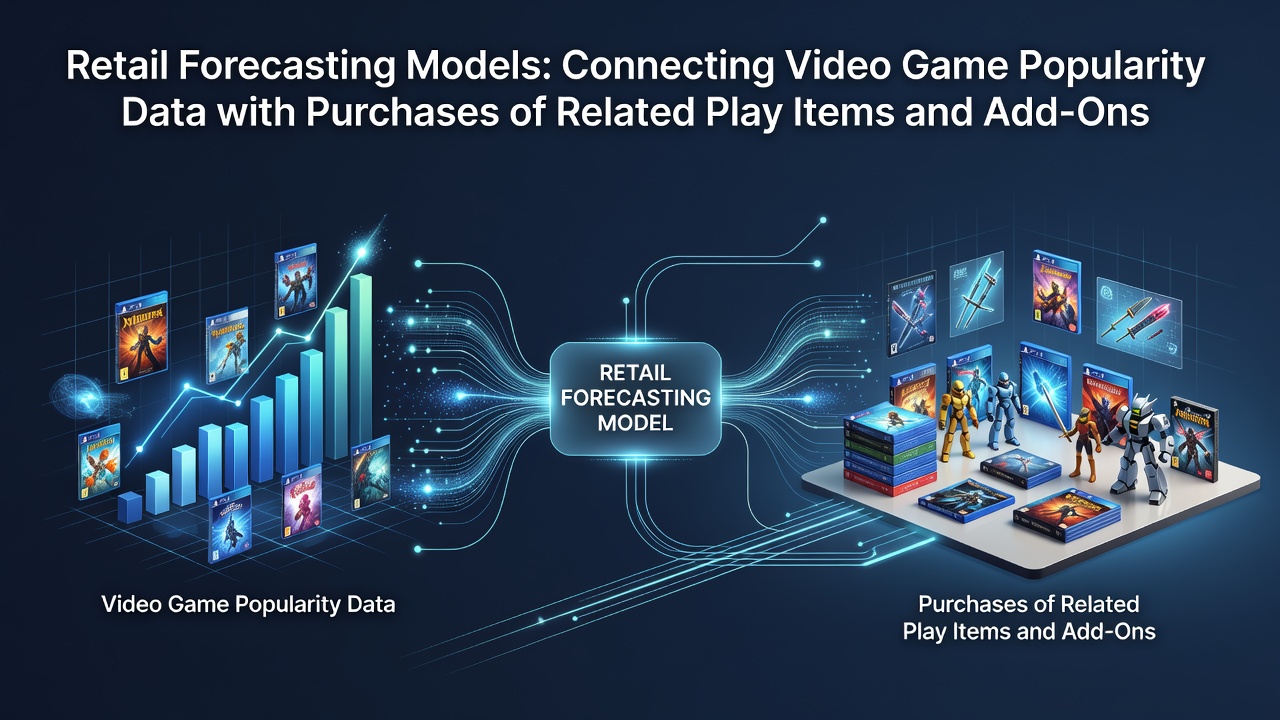 Retail forecasting dashboard displaying video game popularity trends connected to accessory and add-on purchase patterns across US markets