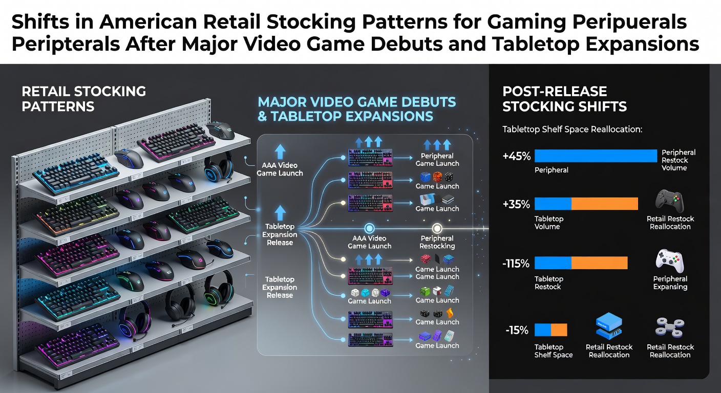 American retail warehouse shelves stocked with gaming peripherals including controllers and headsets following major releases