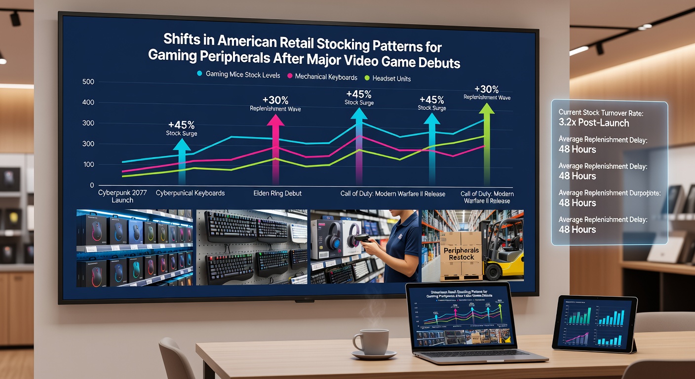 Retail analytics dashboard displaying stocking adjustments for gaming accessories in response to video game and tabletop releases