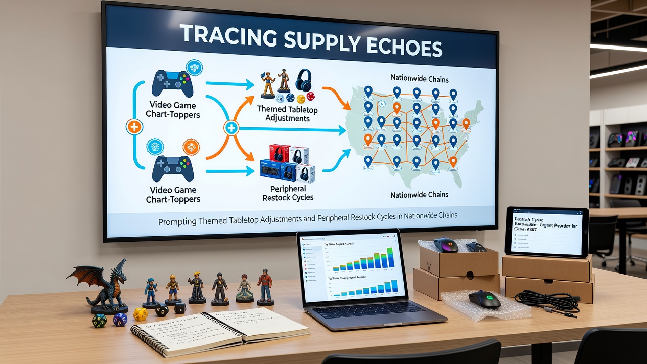 Supply chain visualization showing video game releases influencing tabletop stock and peripheral restocks across US retail networks
