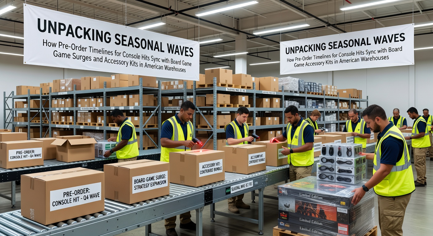 American warehouse interior showing stacked console game shipments alongside board game boxes and accessory kits ready for distribution