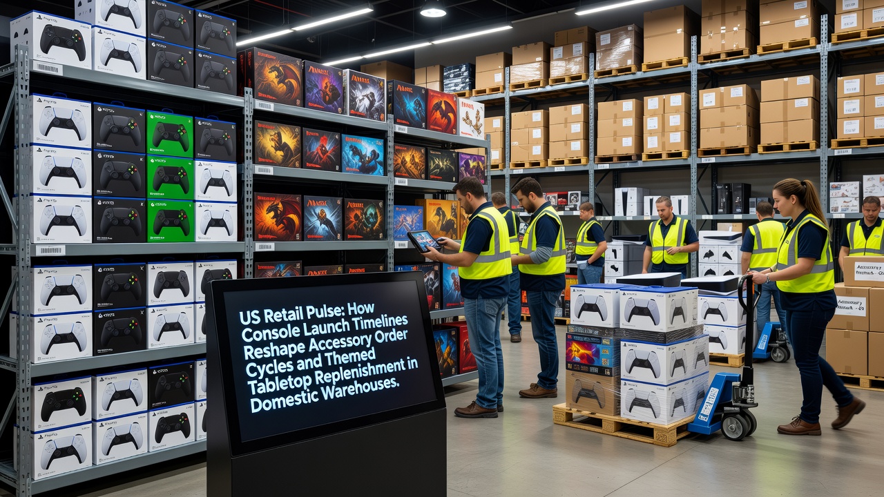 US warehouse interior showing organized shelves with gaming accessories and tabletop game boxes ready for distribution