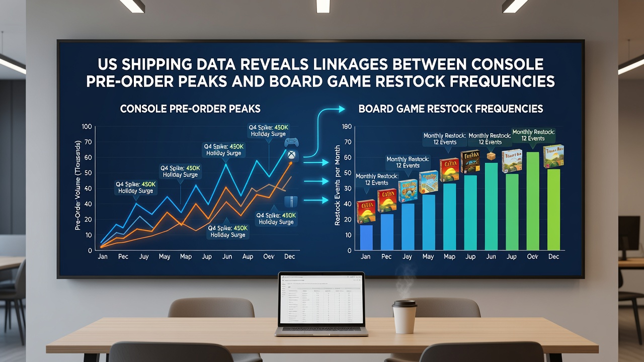 Freight documentation and inventory tracking systems displaying synchronized arrival schedules for gaming consoles, board game expansions, and controller accessories